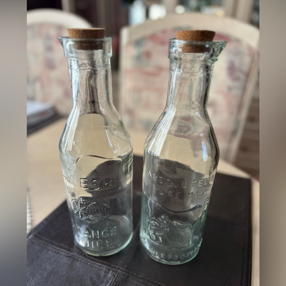 Vintage Milk & OJ Glass Bottles with Cork Stoppers